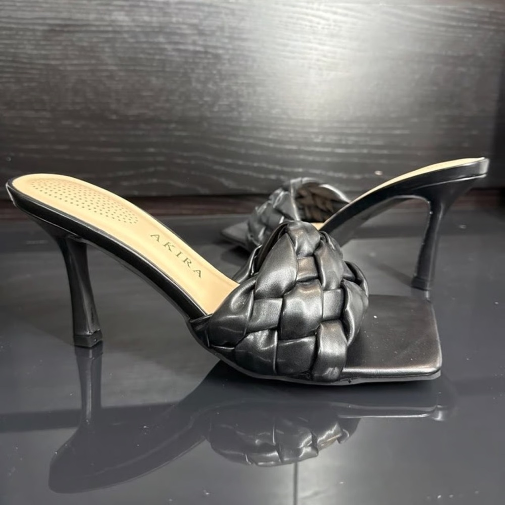 AKIRA Black Braided Heeled Mules